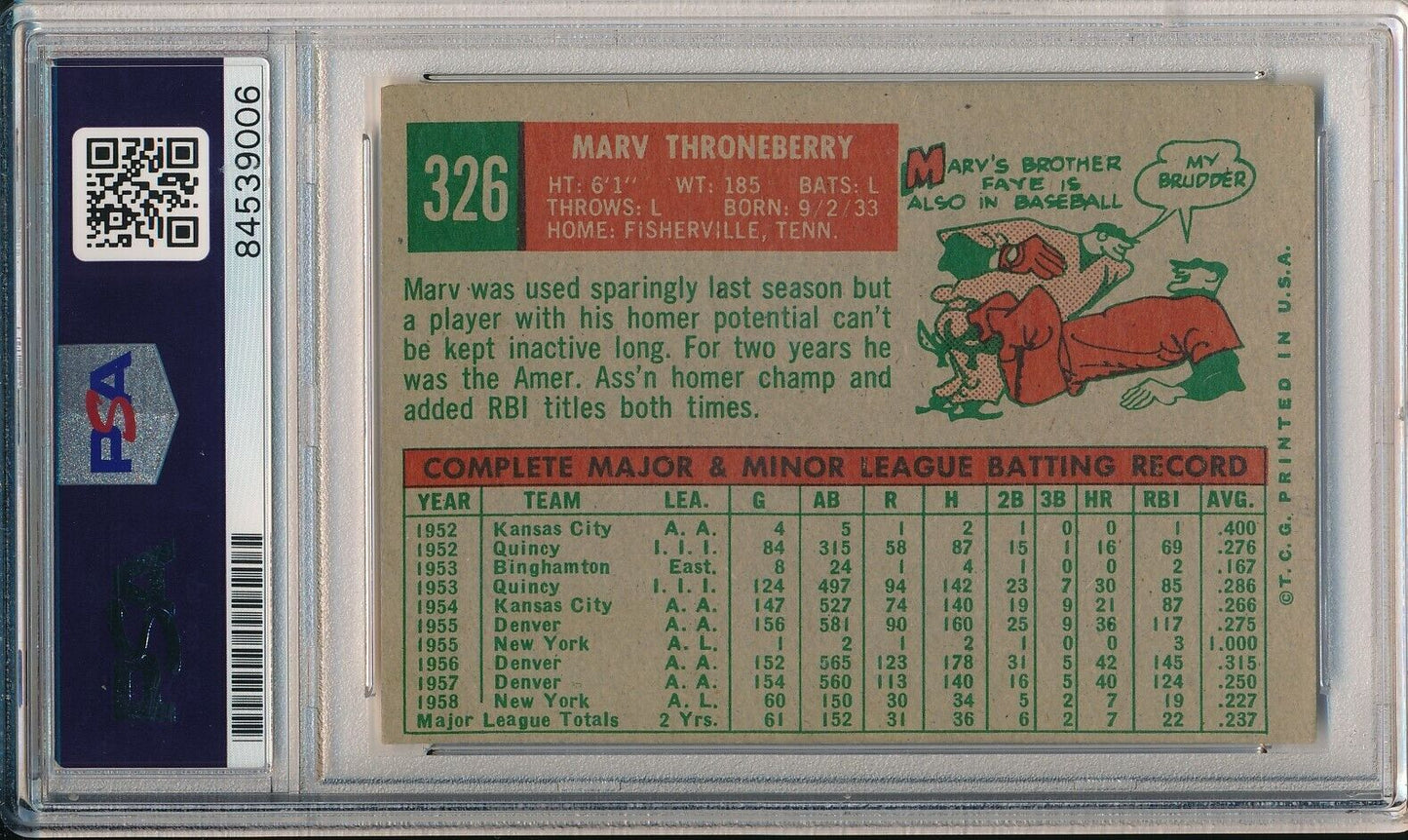 Marv Throneberry Yankees Signed/Autographed 1959 TOPPS Card #326 PSA/DNA 166635