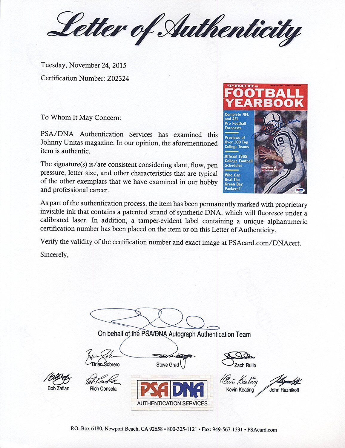 Johnny Unitas Colts Signed True's Football Yearbook PSA/DNA Letter Z02324