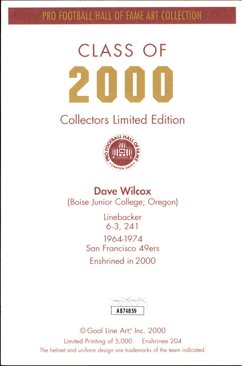 Dave Wilcox HOF Autographed/Inscribed Goal Line Art GLAC Postcard 49ers JSA