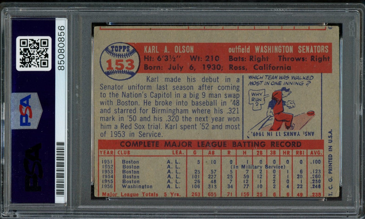 Karl Olson Signed 1957 Topps Card #153 New York Giants PSA/DNA 184145