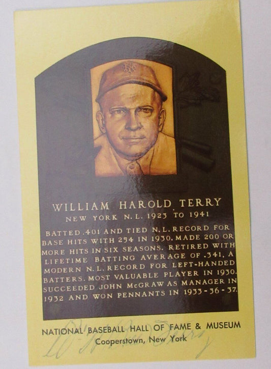 Bill Terry HOF New York Giants d.1989 Signed/Auto HOF Plaque Postcard 163076