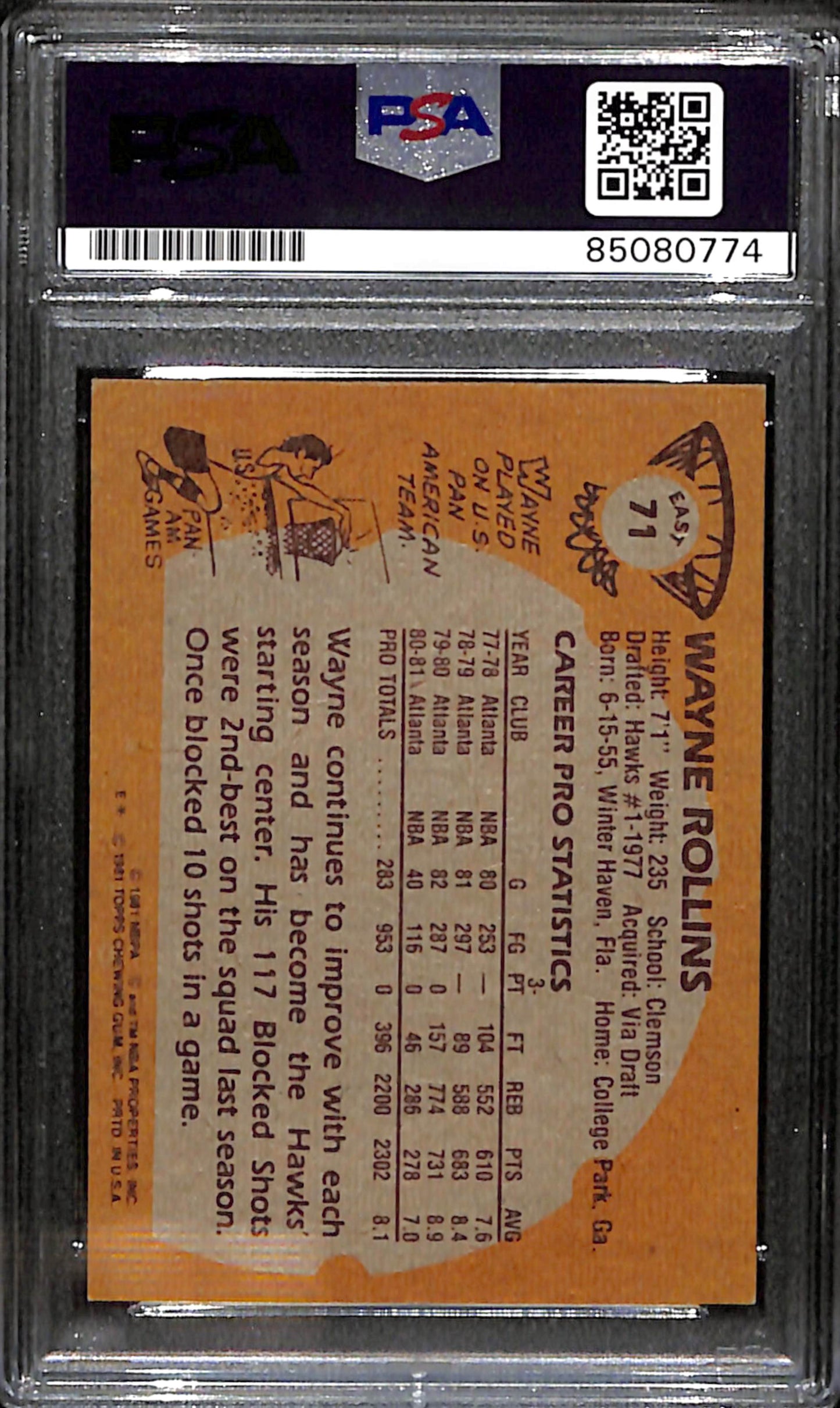 Wayne Rollins Signed 1981 Topps Card #71 Atlanta Hawks PSA/DNA 183799