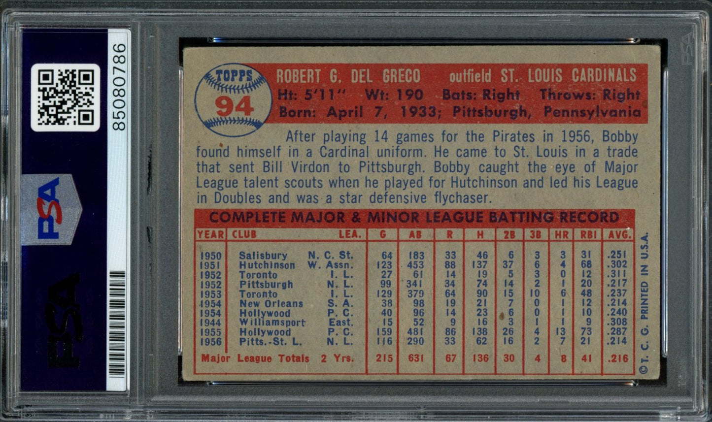 1957 TOPPS Bobby Del Greco #94 Auth Card Signed Cardinals PSA/DNA 184096