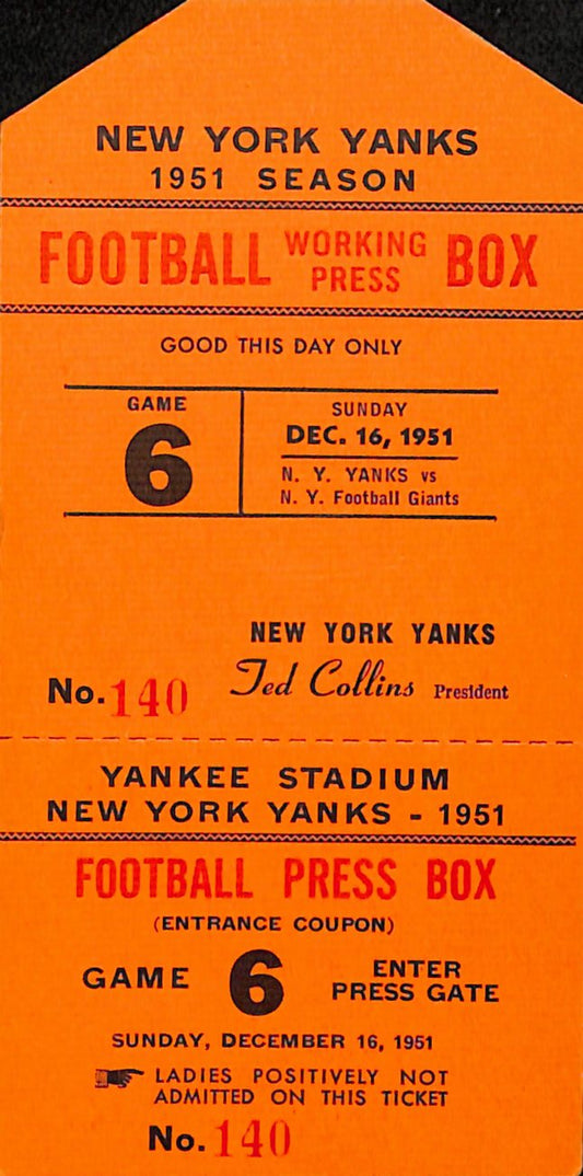 1951 New York Yanks Football Press Box Pass BA187587