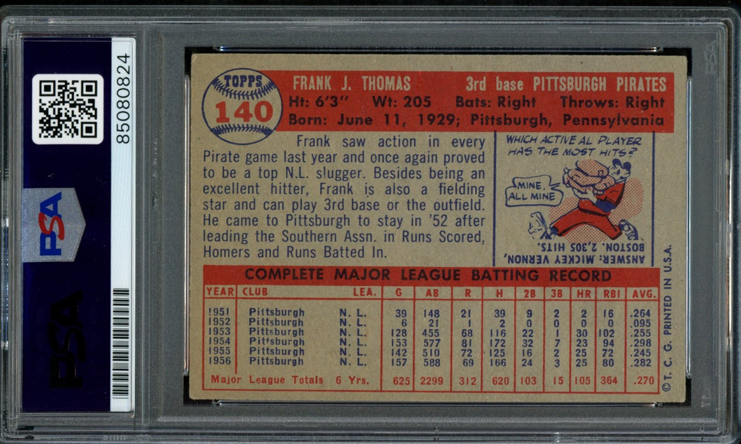Frank Thomas Signed 1957 Topps Card #140 Pittsburgh Pirates PSA/DNA 184183
