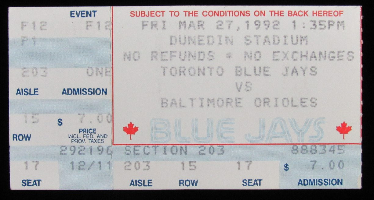 Lot of (2) Baltimore Orioles vs Toronto Blue Jays 3/27/92 Ticket Stubs 189871