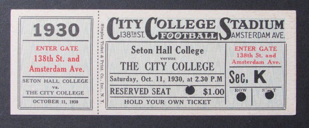 1930 Seton Hall College vs. The City College Proof Ticket 10/11/30 CC Stadium
