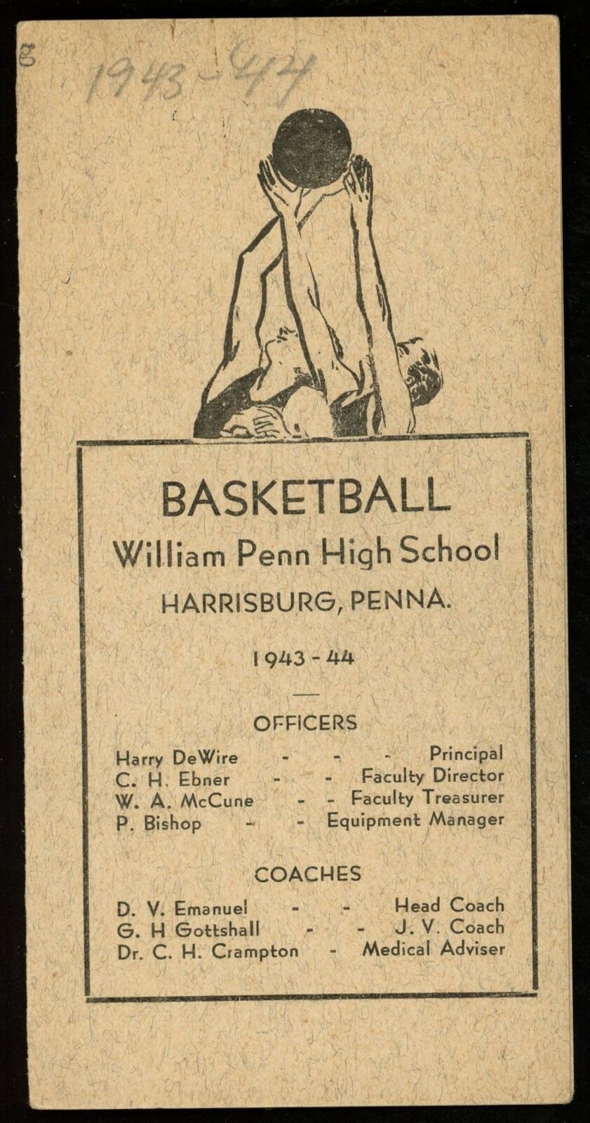 1943-44 William Penn High School Basketball 3x5 Pocket Schedule Harrisburg, PA