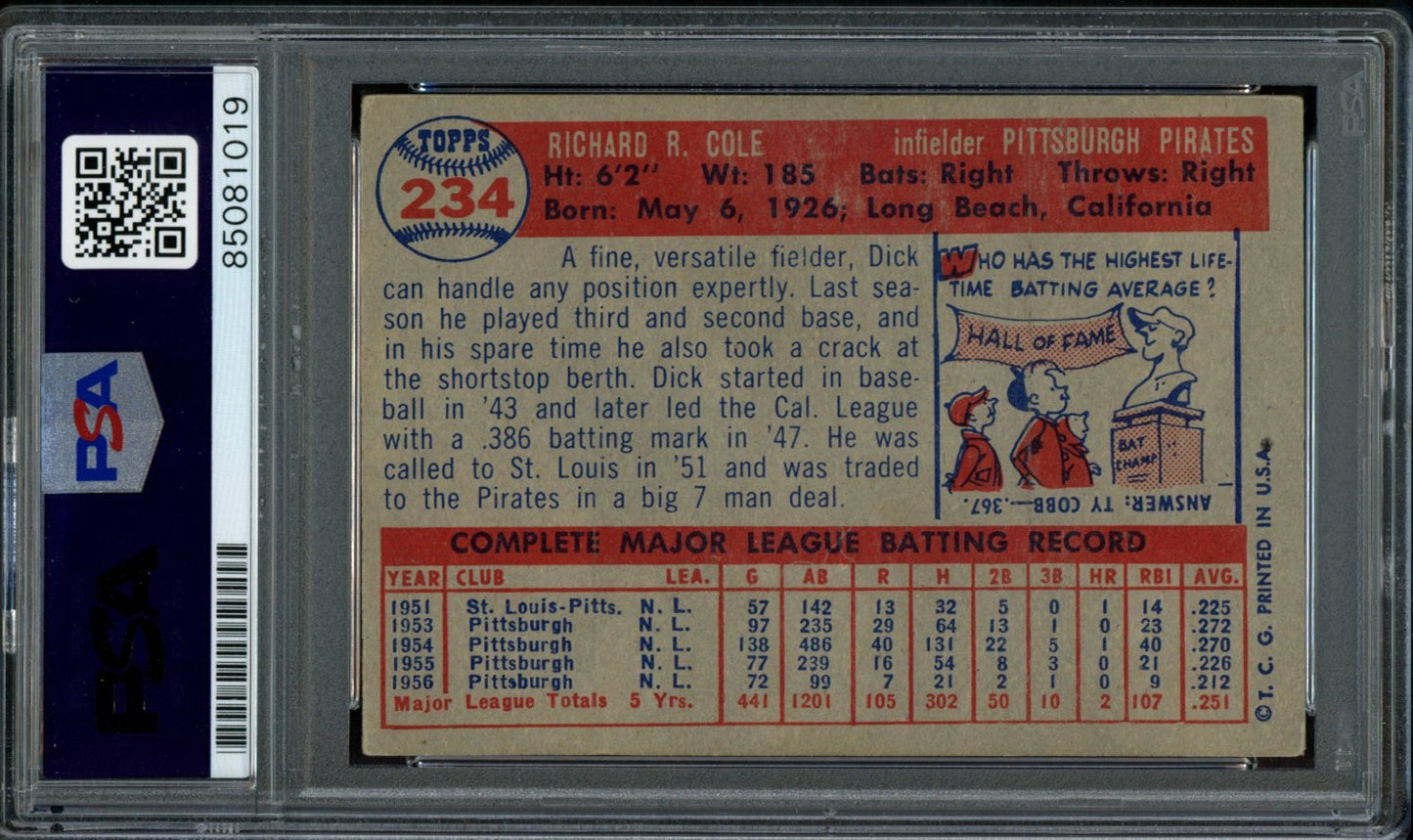 Dick Cole Signed 1957 Topps Card #234 Pittsburgh Pirates PSA/DNA 184195