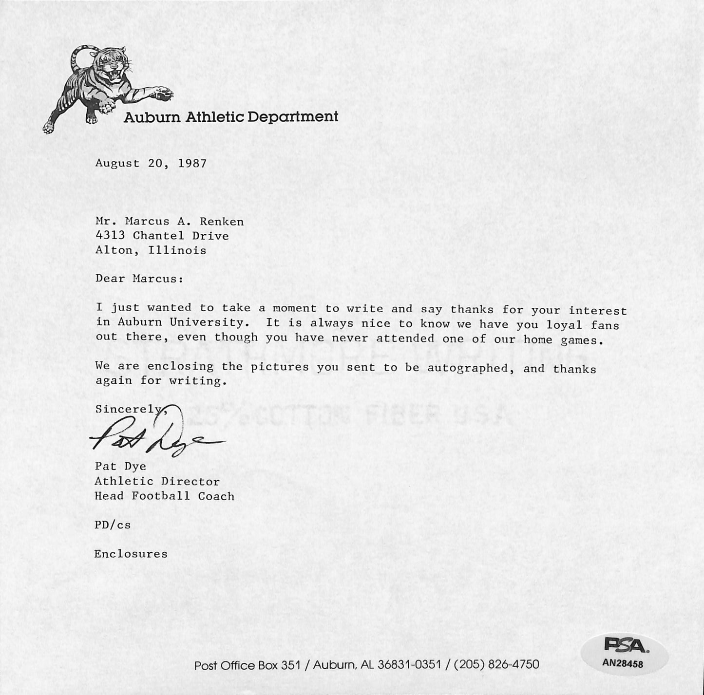 Pat Dye Signed/Auto TLS Letter Auburn Head Football Coach PSA/DNA 185222