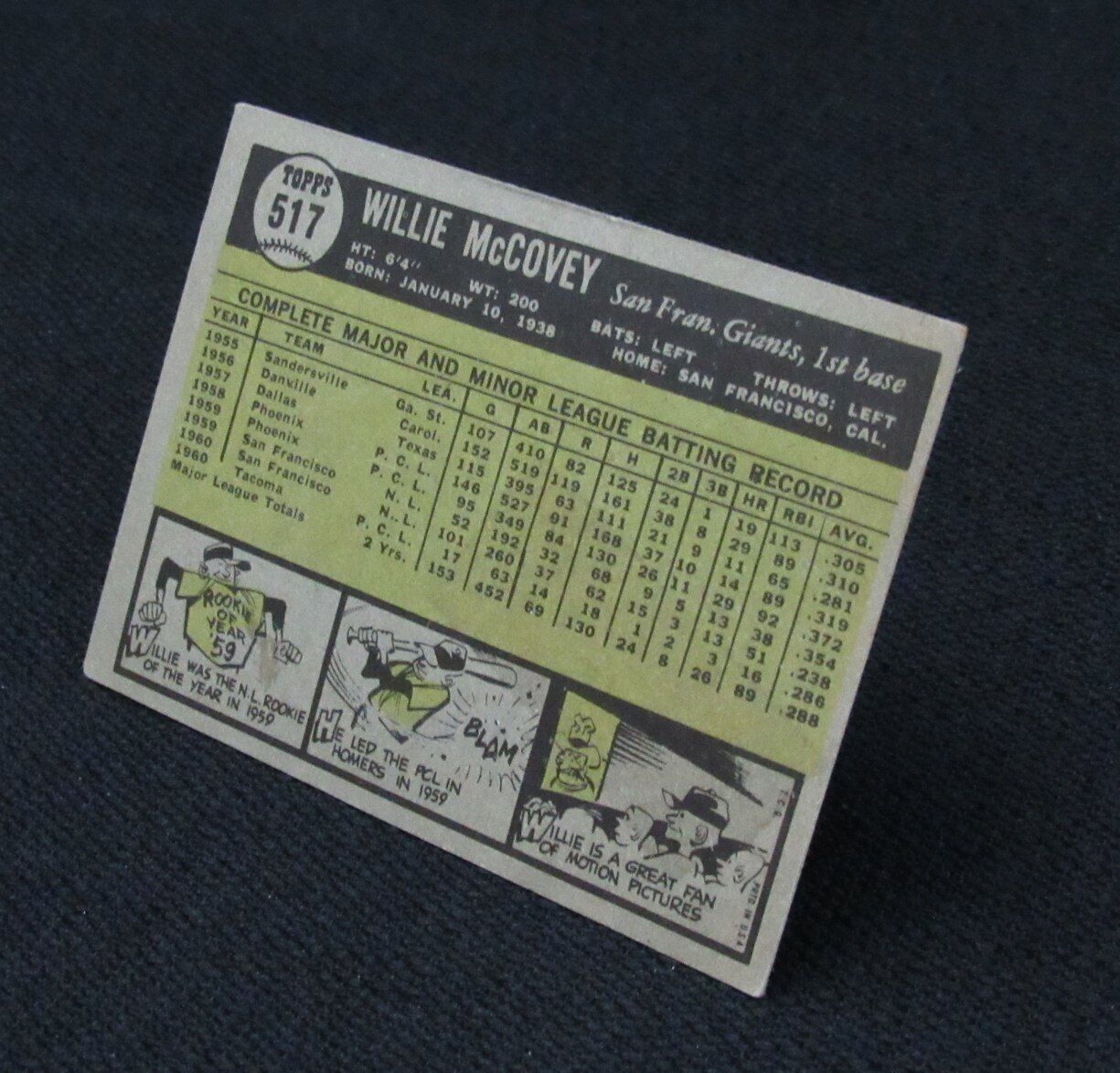 1961 Topps Willie McCovey HOF #517 Authentic Card San Francisco Giants 176789