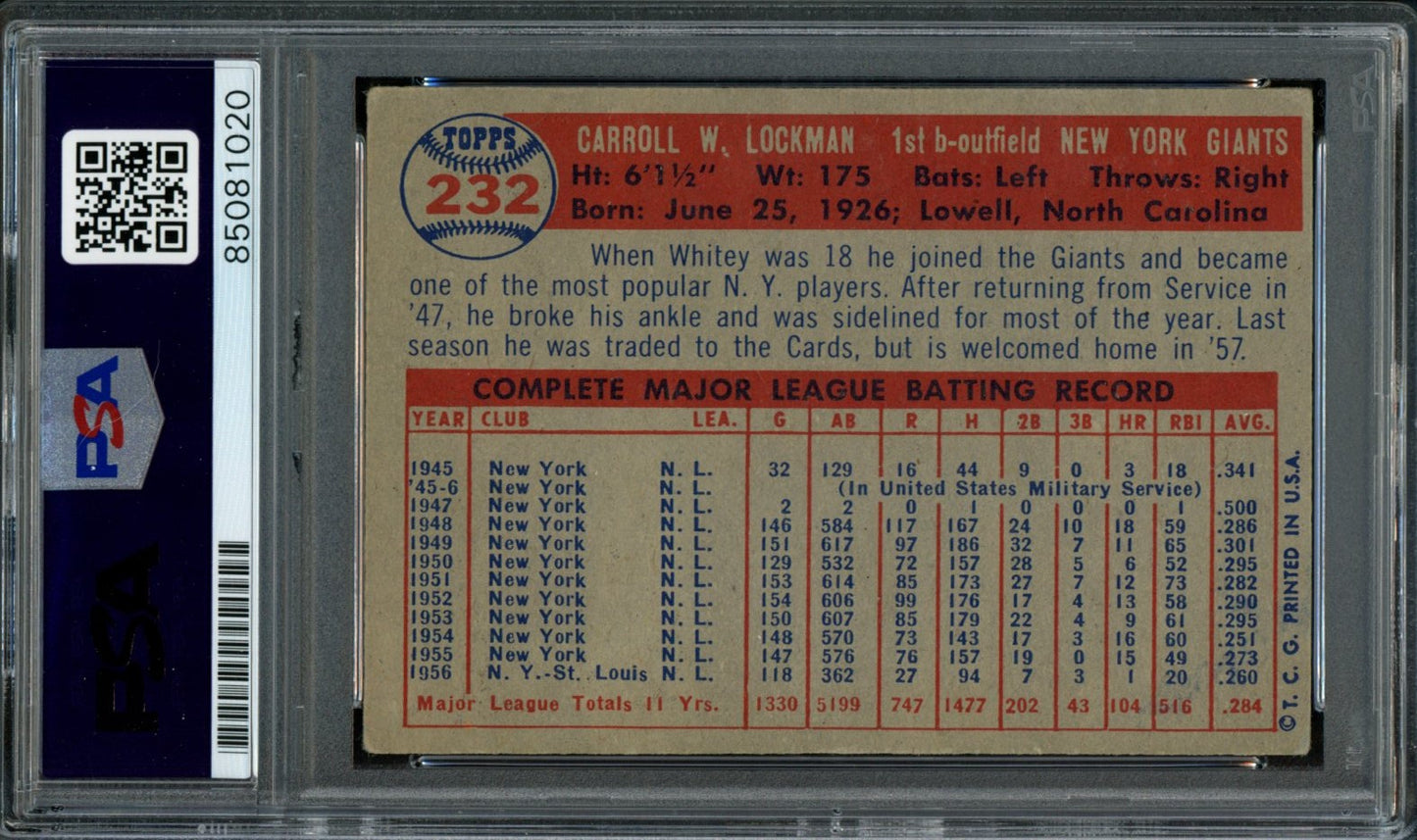 Whitey Lockman Signed 1957 Topps Card #232 New York Giants PSA/DNA 184194