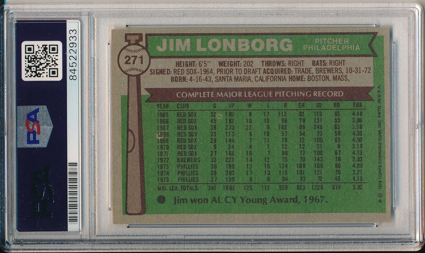 Jim Lonborg Philadelphia Phillies Signed 1976 TOPPS Card #271 PSA/DNA 166244