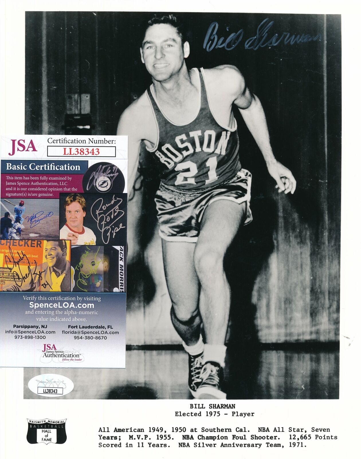 Bill Sharman HOF Boston Celtics Signed/Autographed 8x10 B/W Photo JSA 157340
