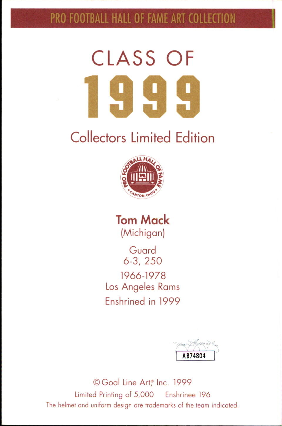 Tom Mack HOF Autographed Goal Line Art GLAC Postcard Los Angeles Rams JSA