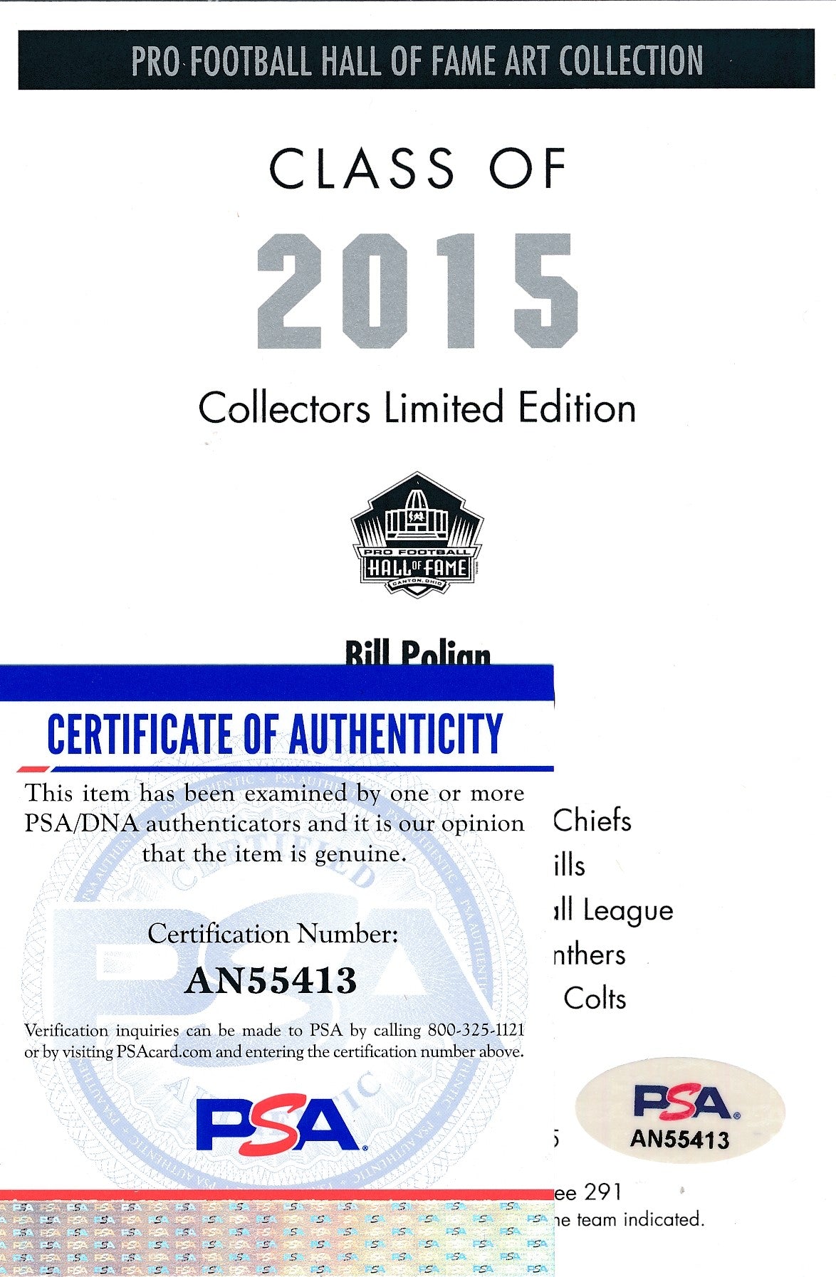 Bill Polian Colts Signed/Inscr 2015 GLAC/Goal Line Art Postcard PSA/DNA 186322