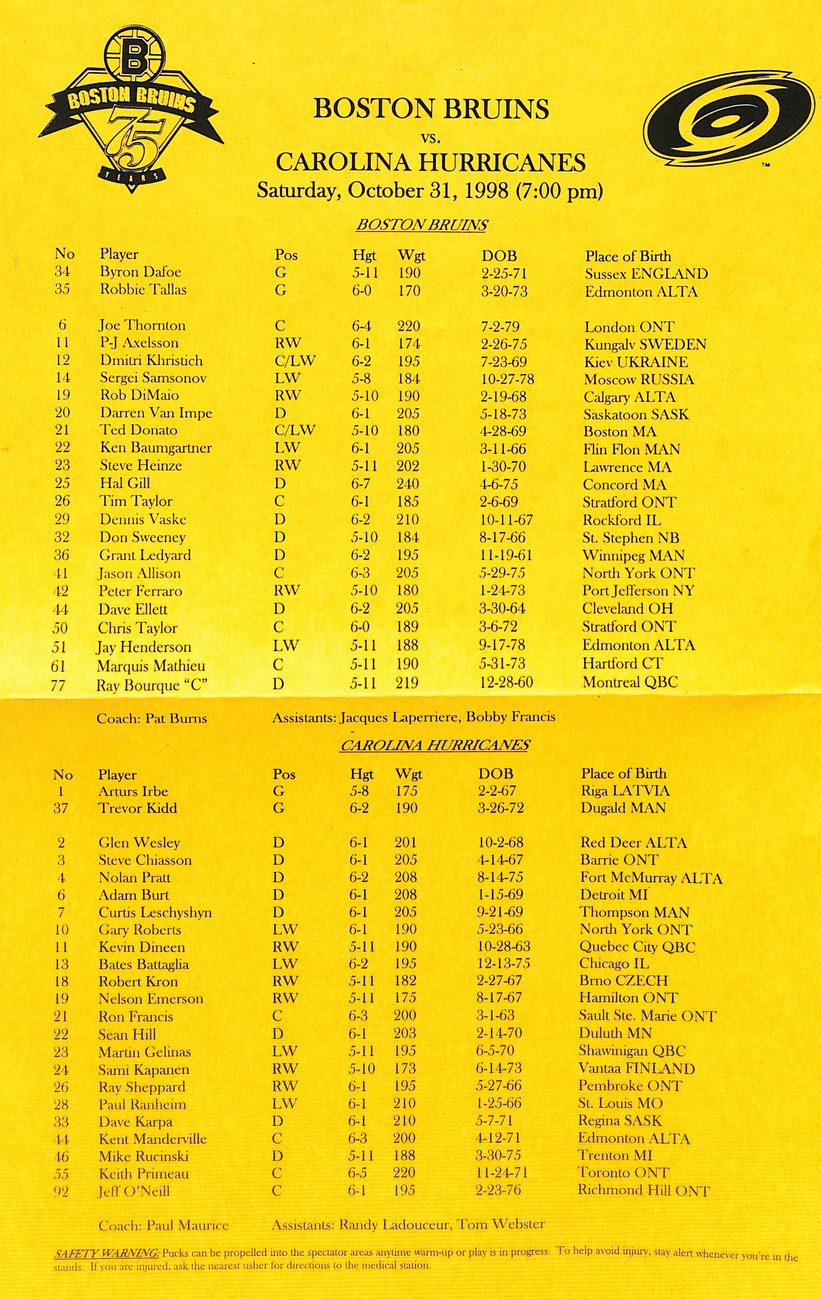 October 31 1998 Boston Bruins vs Carolina Panthers Offical Game Program 182016
