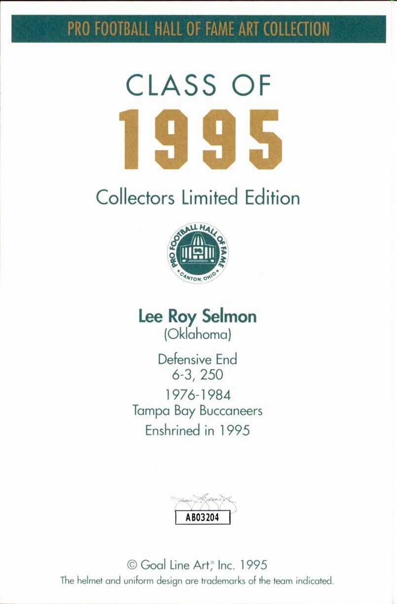 Lee Roy Selmon Buccaneers Signed/Inscr Goal Line Art GLAC Postcard JSA 167092
