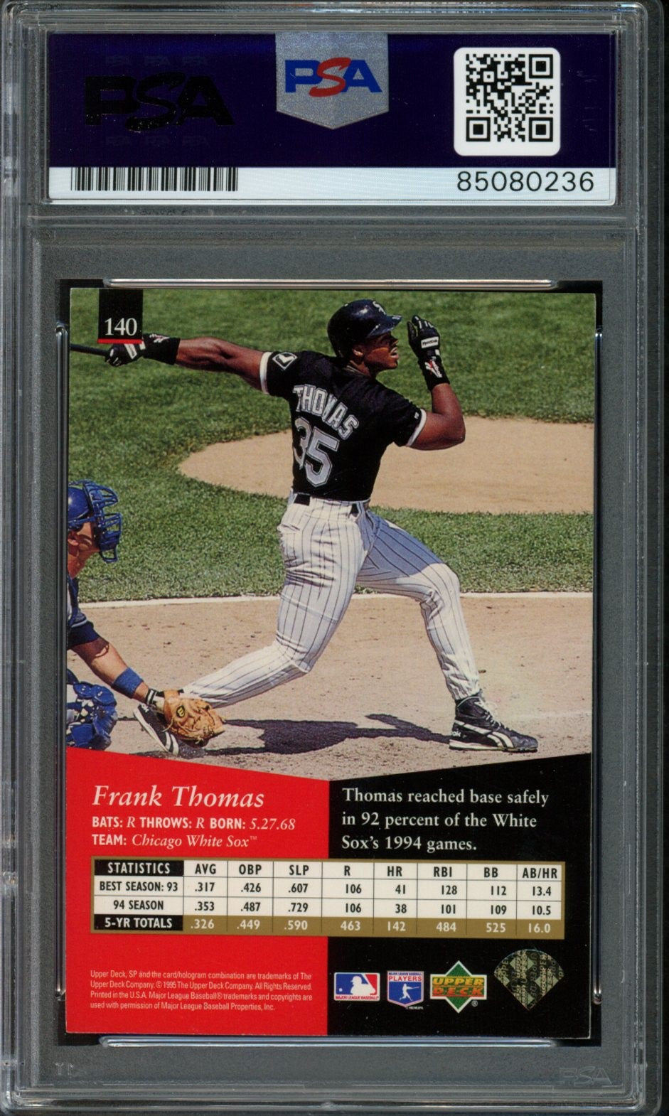 Frank Thomas HOF Autographed 1995 Upper Deck Card #140 White Sox PSA/DNA 184050