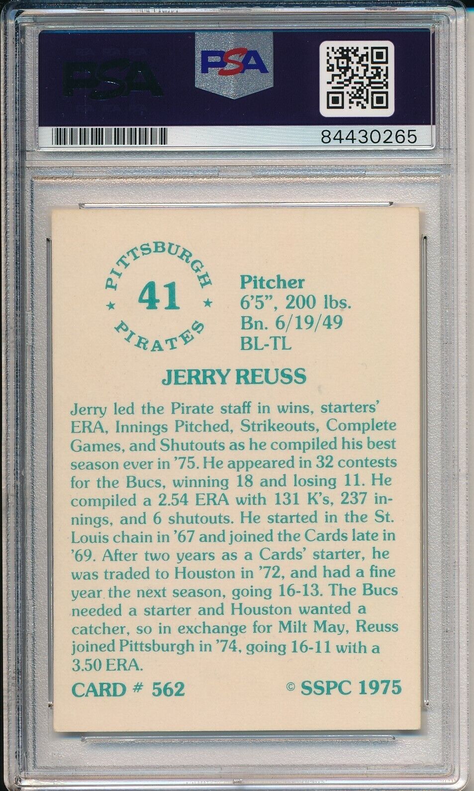 Jerry Reuss Pirates Signed/Autographed 1975 SSPC Card #41 PSA/DNA 164234