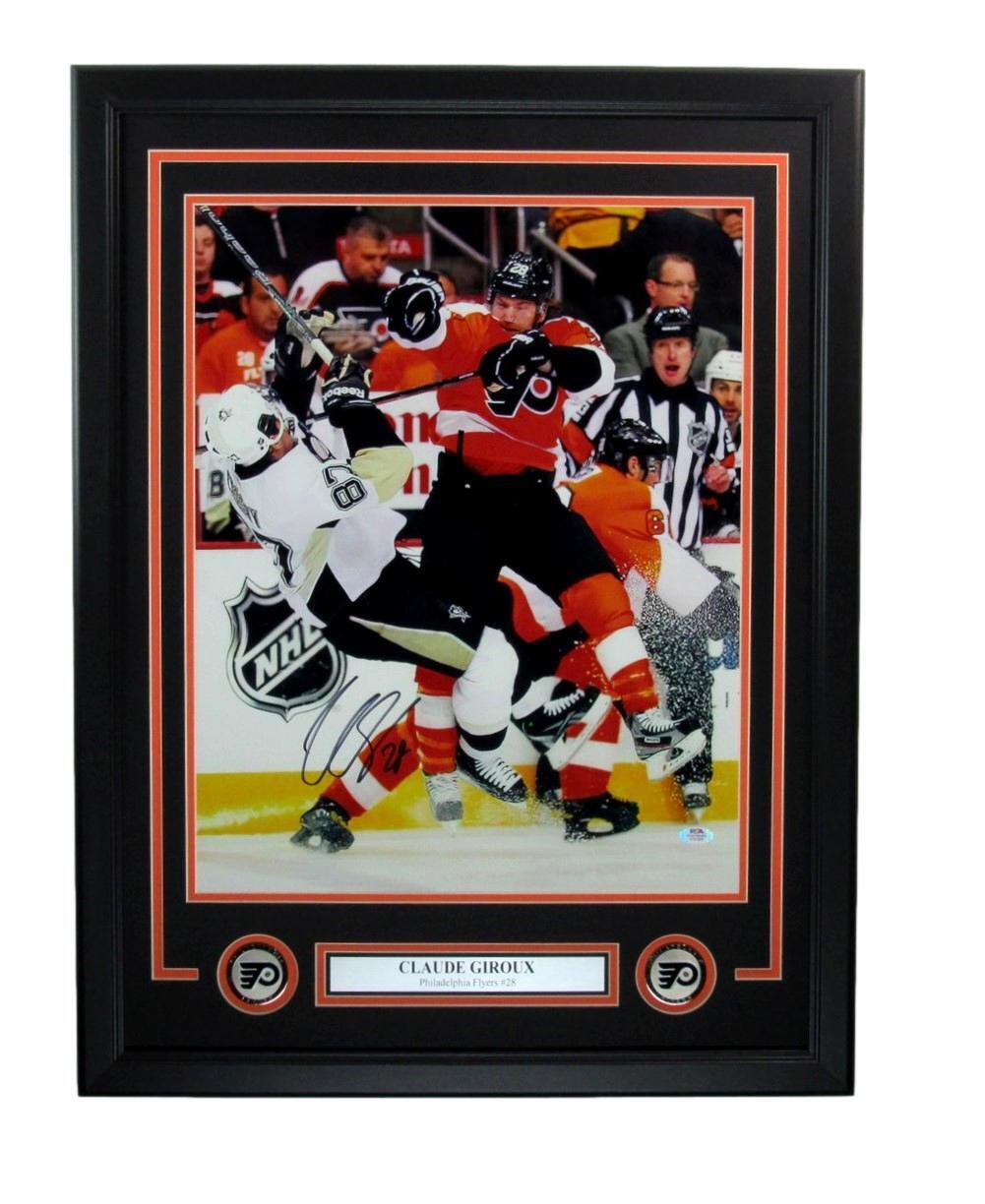 Claude Giroux Autographed 16x20 Photo Hit Sidney Crosby Flyers Framed PSA/DNA