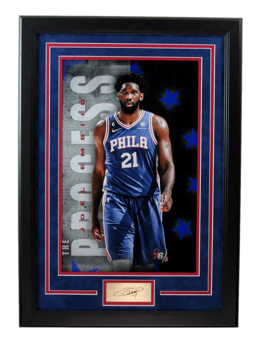 Joel Embiid Engraved Autographed 11x17 Photo Philadelphia 76ers Framed 178360