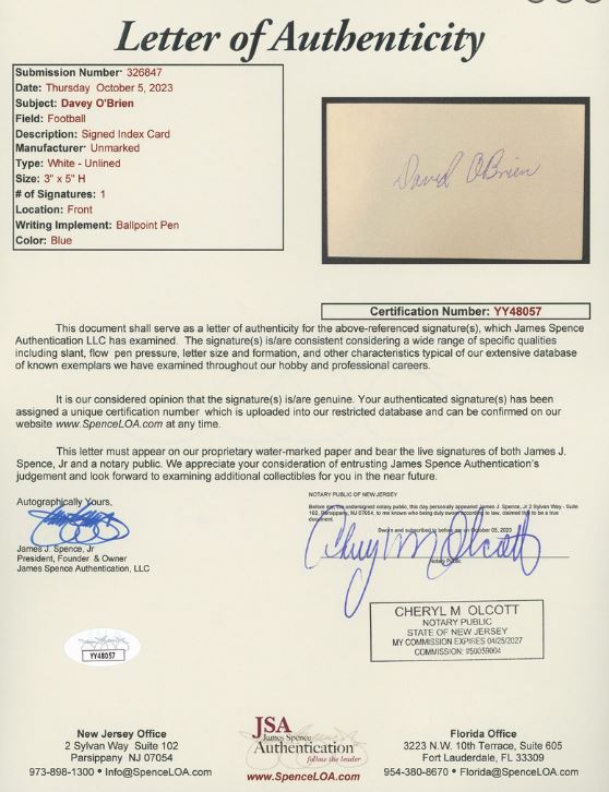 Davey O'Brien Signed/Autographed Index Card - 1938 Heisman Winner - TCU JSA LOA