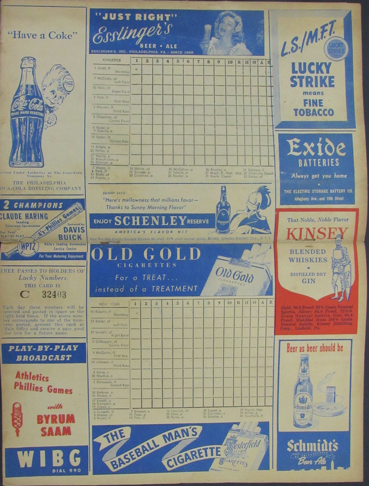 1948 Philadelphia Athletics vs New York Yankees Score Card Program Unscored 178270