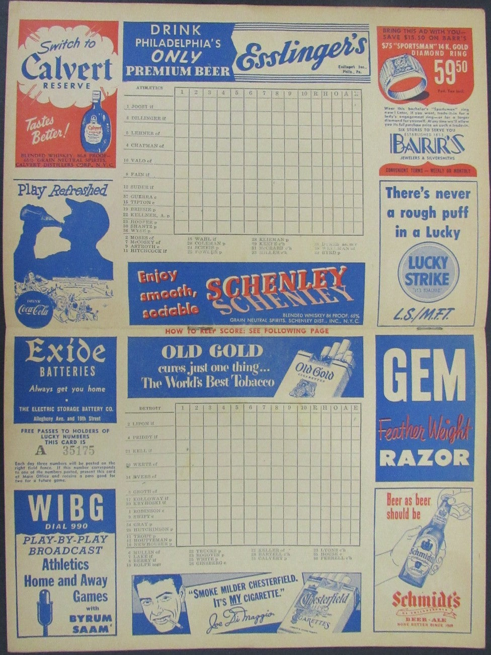 1950 Philadelphia Athletics vs Detroit Tigers Score Card Program 178273