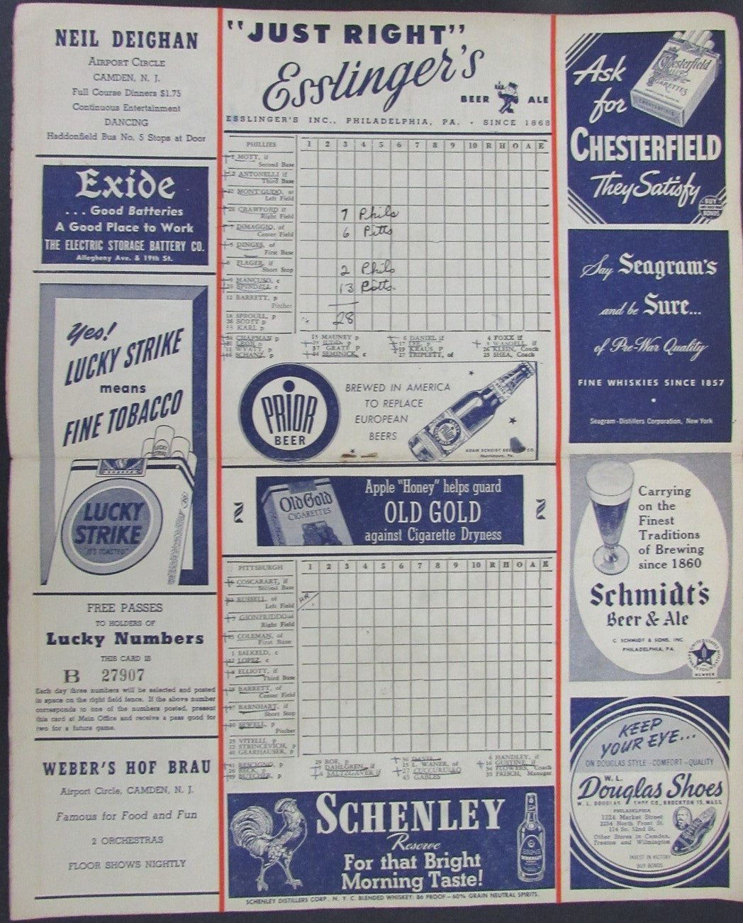 1945 Philadelphia Phillies vs Pittsburgh Pirates Score Card Program 178275