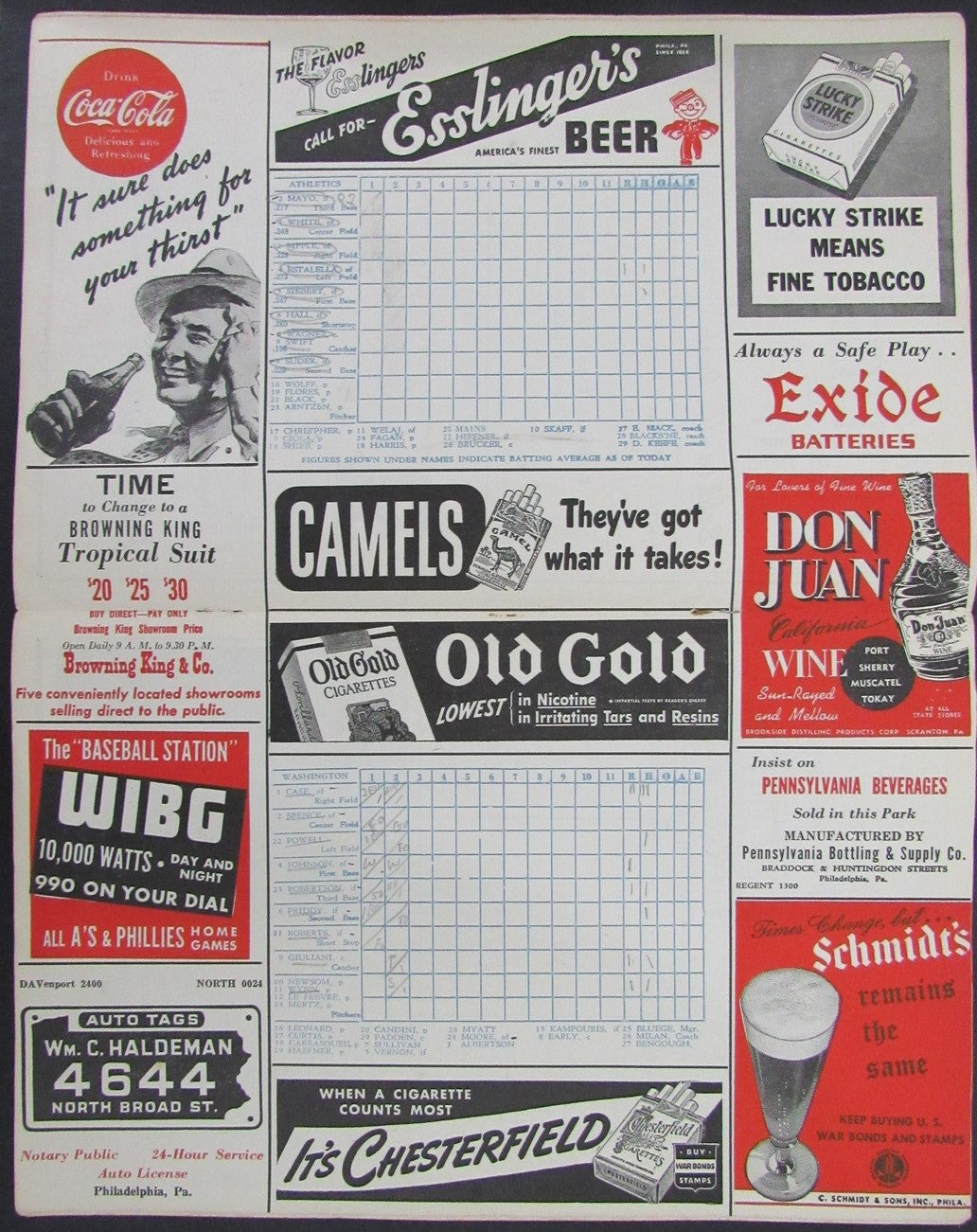 1943 Philadelphia Athletics vs Washington Senators Score Card Program 178277