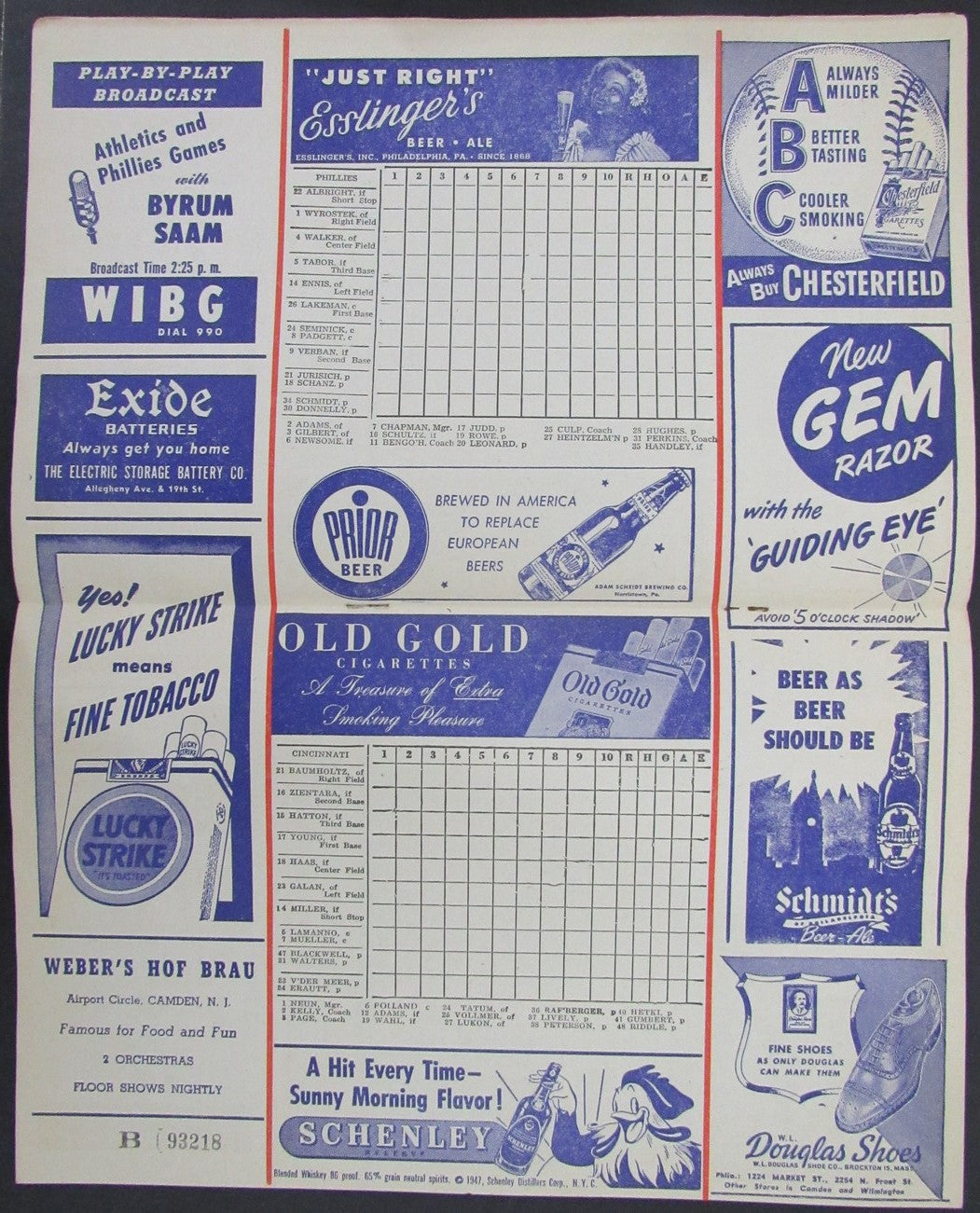 1947 Philadelphia Phillies vs Cincinnati Reds Score Card Program 178278