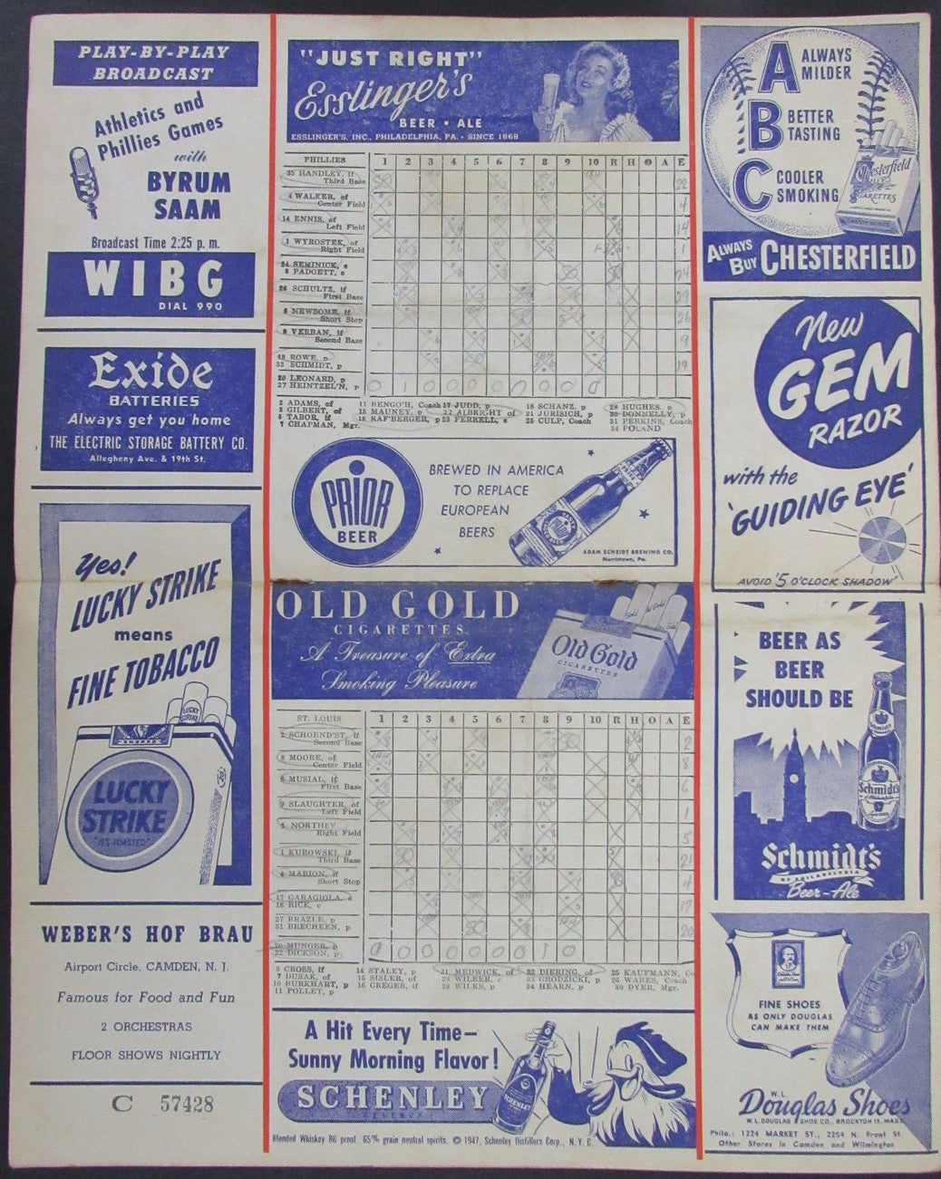 1947 Philadelphia Phillies vs St. Louis Cardinals Program Score Card 178279