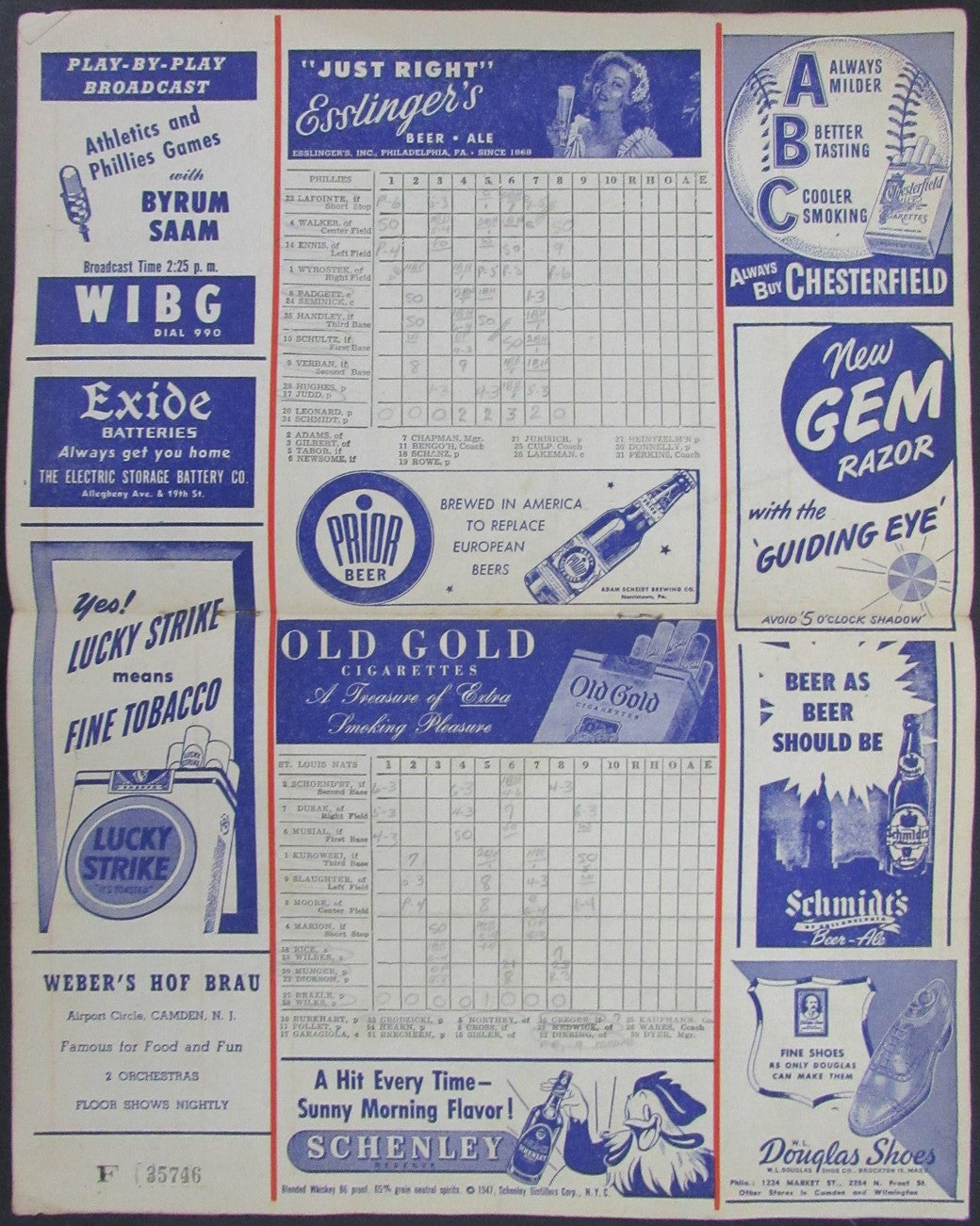 1947 Philadelphia Phillies vs St. Louis Cardinals Program Score Card 178280
