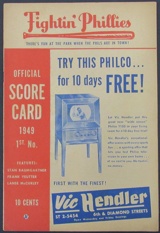 1949 Philadelphia Phillies vs Cincinnati Reds Program Score Card 178282