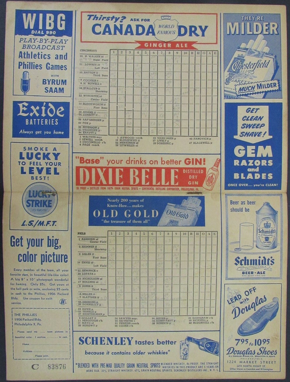 1949 Philadelphia Phillies vs Cincinnati Reds Program Score Card 178282