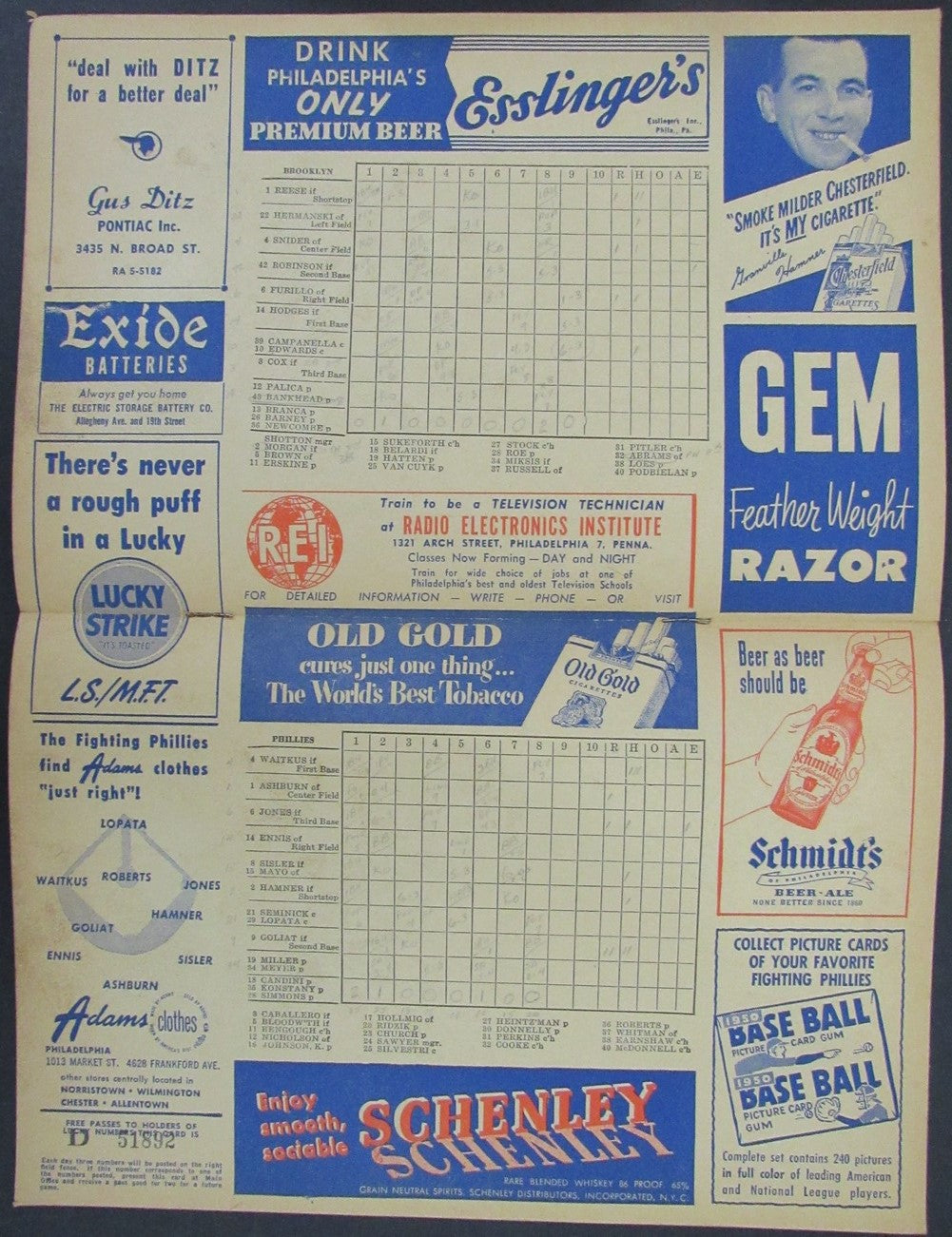 1950 Philadelphia Phillies Brooklyn Dodgers Program Score Card Robinson 178283
