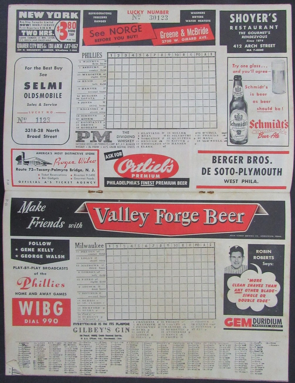 1953 Philadelphia Phillies vs Milwaukee Braves Program Score Card 178284