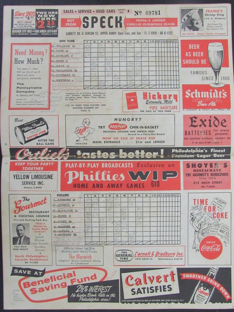 1955 Philadelphia Phillies NY Giants Program Score Card Willie Mays HR 178286