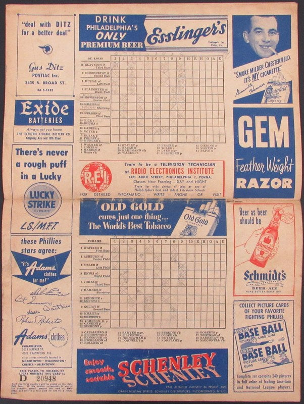 1950 Philadelphia Phillies vs St. Louis Cardinals Program Score Card 178285