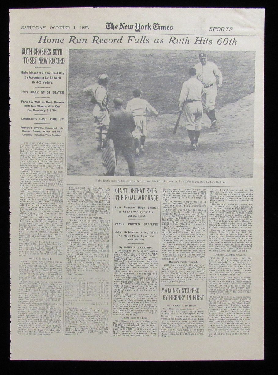 Babe Ruth Yankees 60th Homerun Original Vintage 10-1-27 New York Times 183666