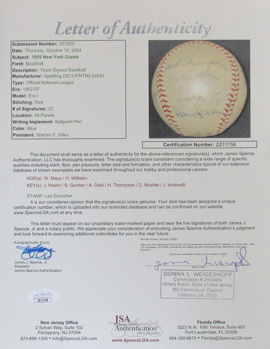 1955 Giants ONL Team Signed Baseball (22) Willie Mays Wilhelm HOFers JSA 192211