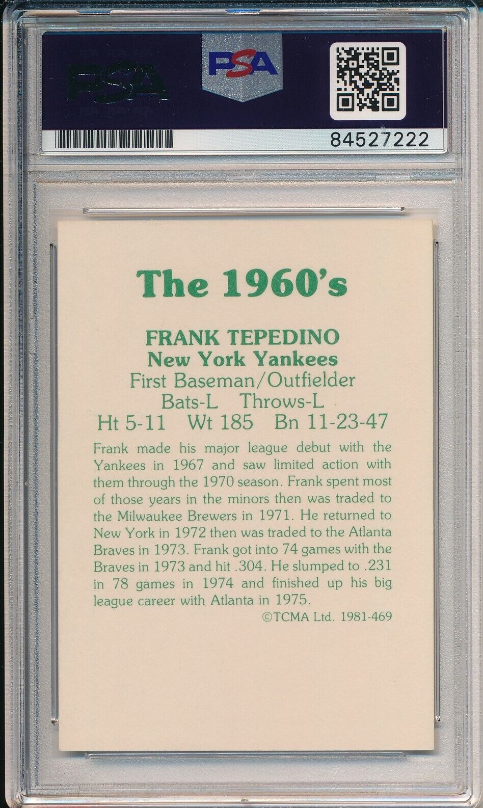 Frank Tepedino Yankees Signed/Autographed 1981 TCMA Card #469 PSA/DNA 166445