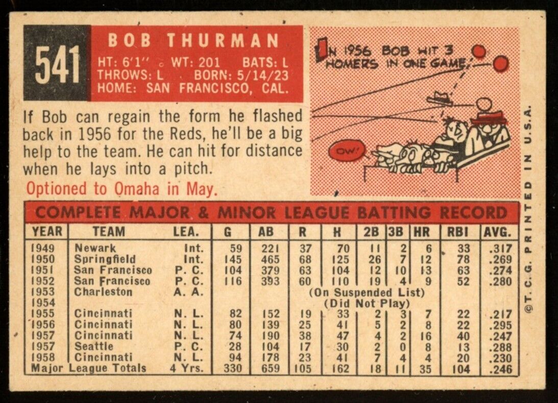 1959 Topps Baseball Bob Thurman #541 Cincinnati Reds