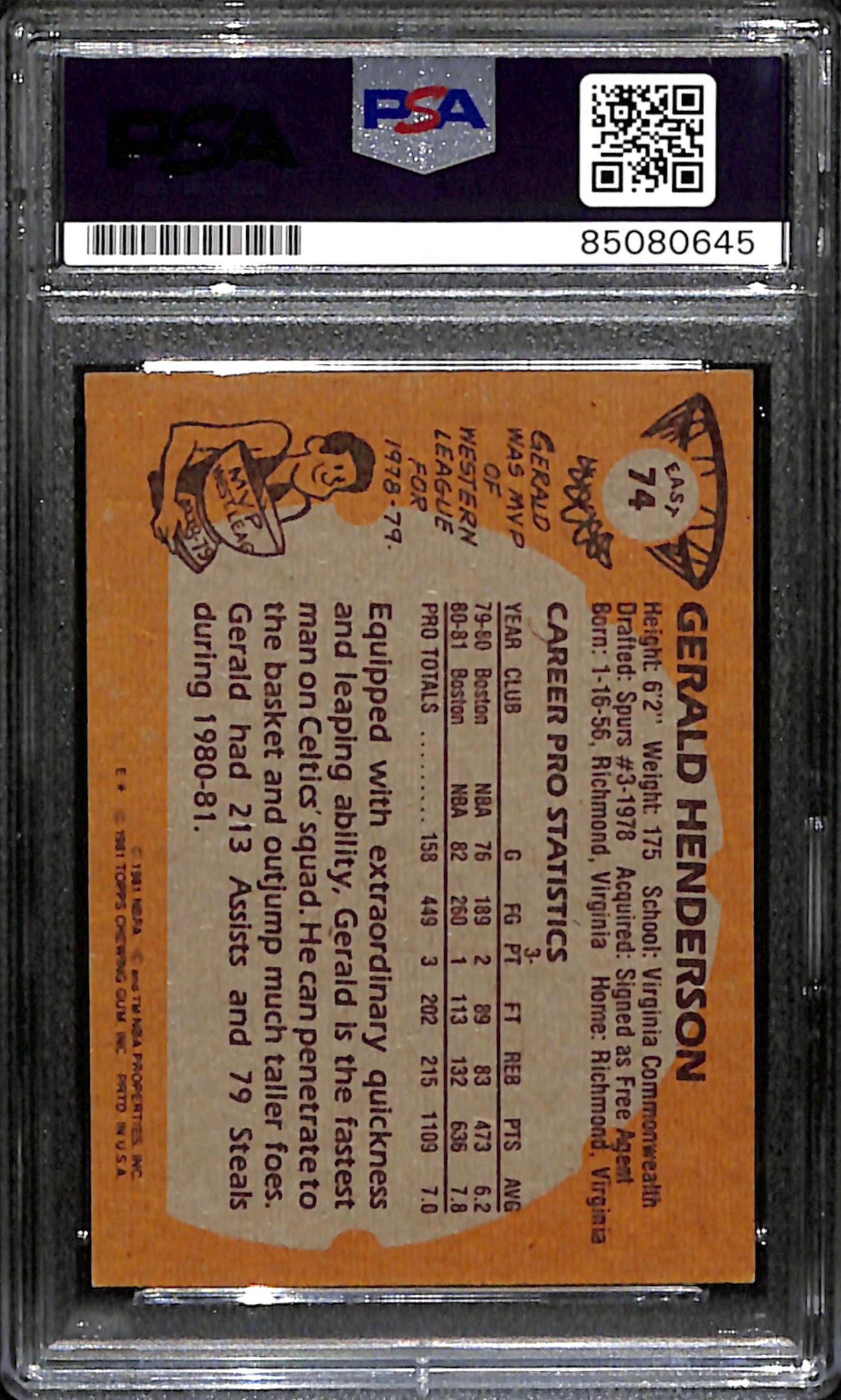 Gerald Henderson Signed 1981 Topps Card #74 Boston Celtics PSA/DNA 185089