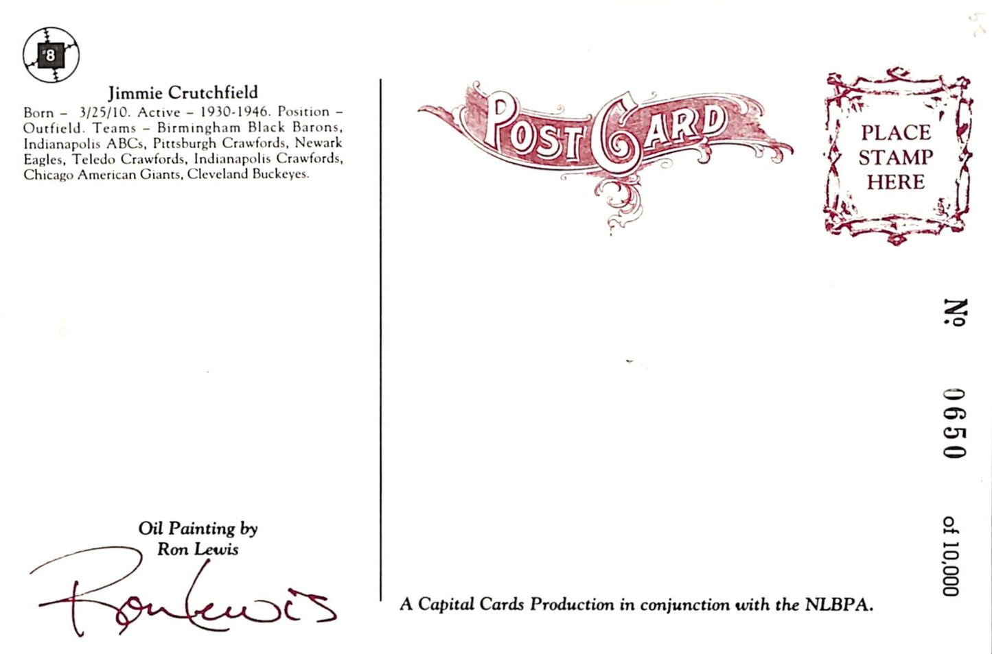 Jimmie Crutchfield Signed Negro League - Black Barons Ron Lewis Post Card 181265