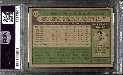 1979 Topps Mike Schmidt Phillies #610 Card Signed PSA/DNA GEM MINT 10 187942