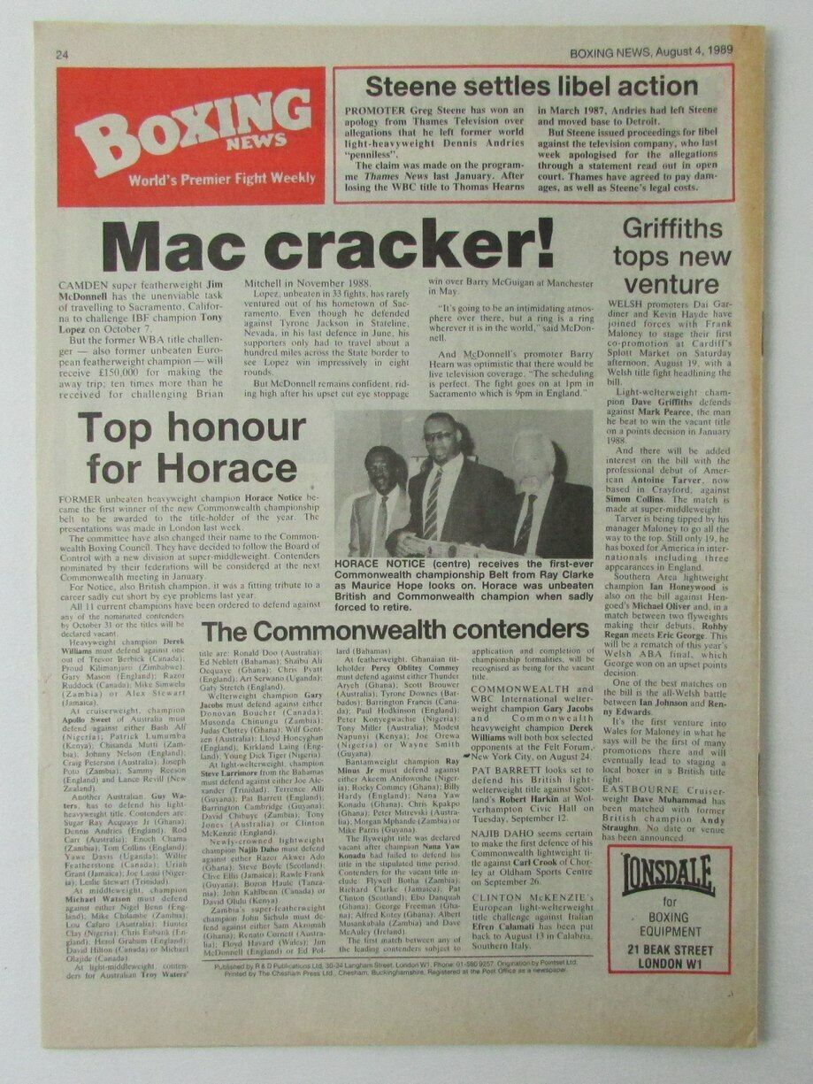 August 4, 1989 Boxing News Magazine Jim McDonnell