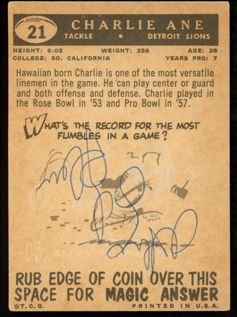 1959 TOPPS Football Card #21 Signed/Auto Charlie Ane Detroit Lions