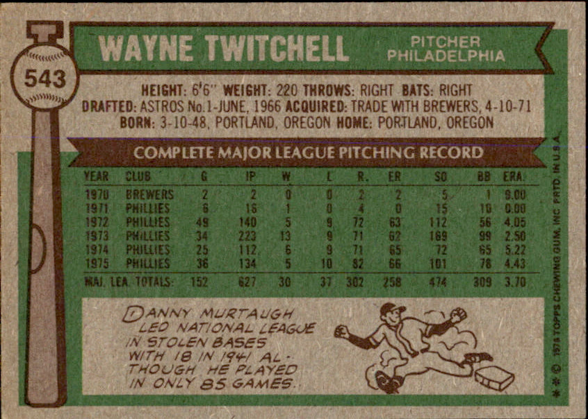 Wayne Twitchell Autographed 1976 TOPPS Card #543 Philadelphia Phillies 183430